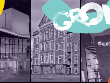 Graphic image of three theatres with the word GROW