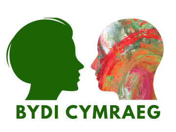 image of 2 heads, one in green, the other one colourful with the words Bydi Cymraeg underneath