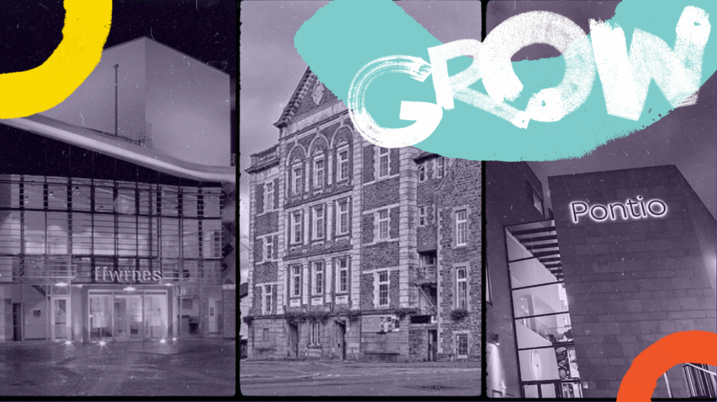 Graphic image of three theatres with the word GROW
