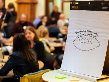 White flip chart with the word focus in a room full of people