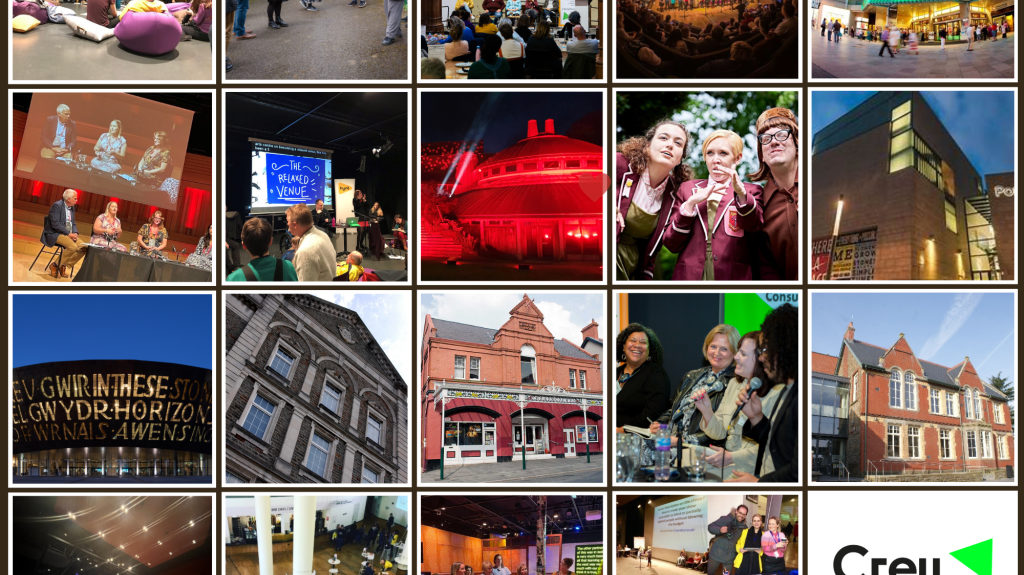Collage of various images including theatre exteriors and people enjoying the arts